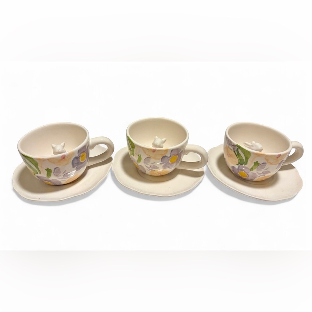 Set Of 3 Threshold Floral Bunny Rabbit Pastel Easter Tea Cup & Saucer Sets